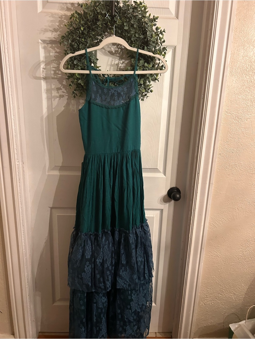 Joyfolie Teal and Deep Teal Lace Tiered Maxi Dress FLAW - see pic